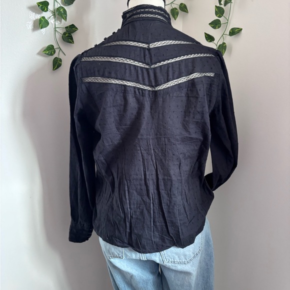 Women's Black Lace-Trim High-Neck Long Sleeve Blouse - Picture 10 of 14